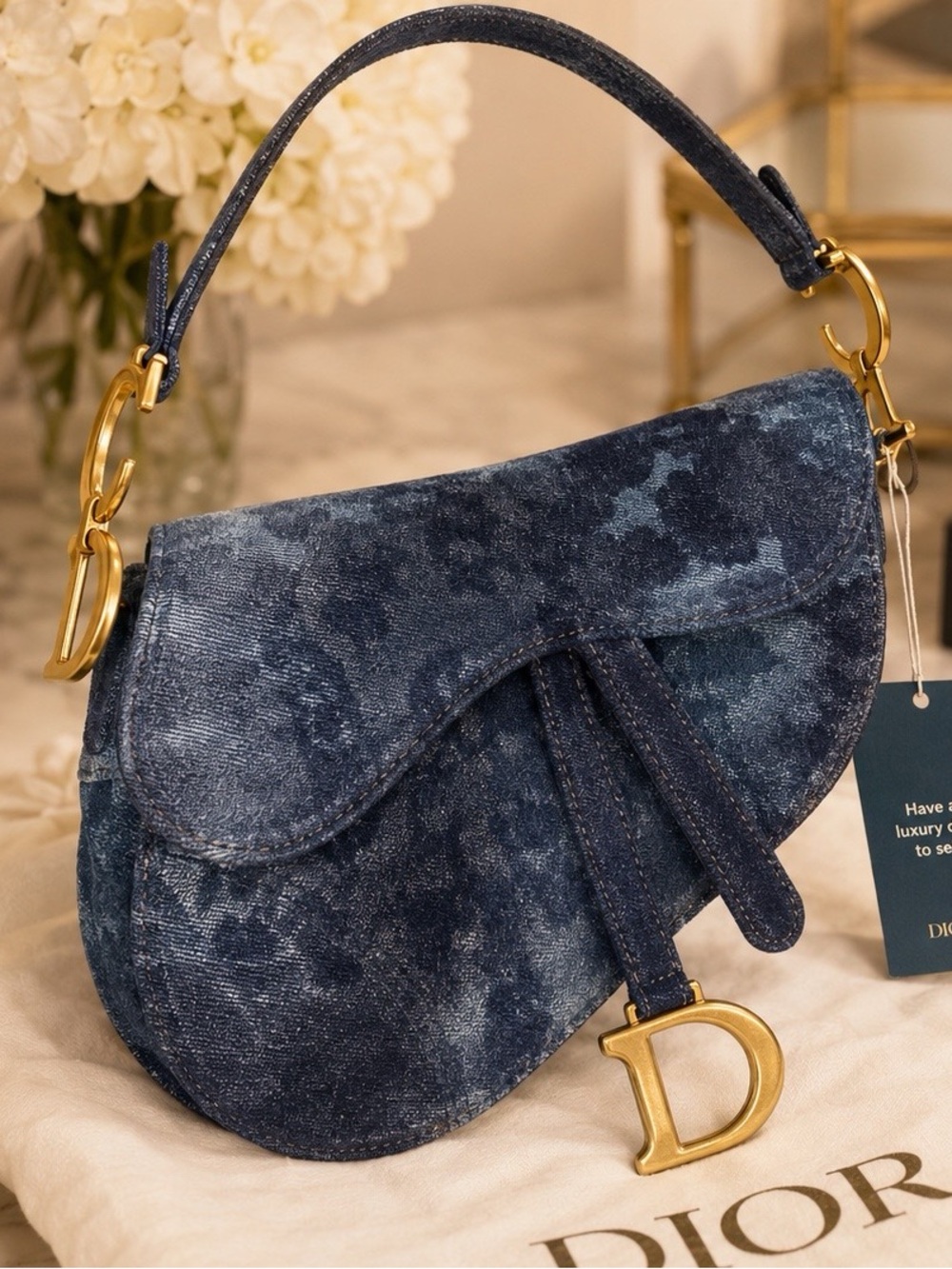 Dior Navy Denim Saddle Crossbody with Gold 'D' Charm